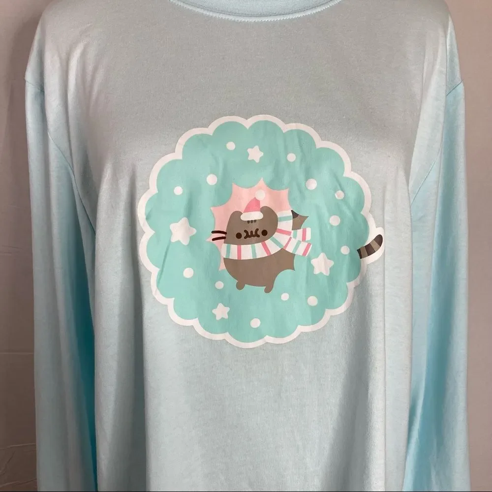 Pusheen Light Blue Holiday Themed Long Sleeve T Shirt Large NWT Winter 2021 Box